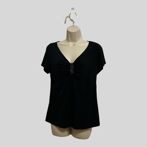 JKLA California Black Knit Top with Rhinestone Studded gathered V Neck Size L